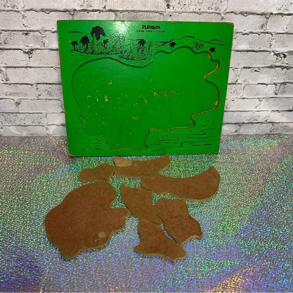 Playskool Vintage HIPPO Wooden 7 Pieces Puzzle Heavy Jigsaw Preschool COMPLETE